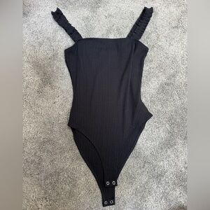 Forever 21 Black Ribbed Square Neck Bodysuit with Ruffled Straps